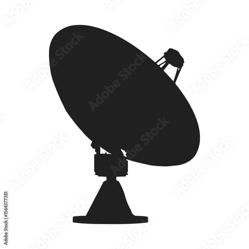 Silhouette of a black satellite dish antenna on a white background showing the dish and support structure
