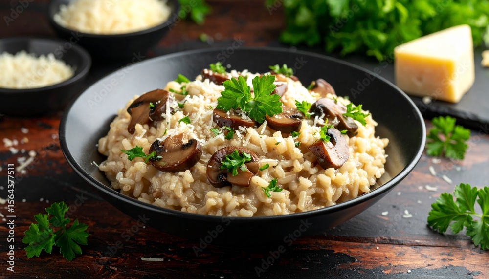A bowl of creamy mushroom risotto garnished with parmesan and parsley A bowl of creamy mushroom risotto garnished with parmesan and parsley