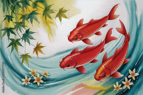 A watercolor-style illustration of red koi fish swimming against a light blue background 