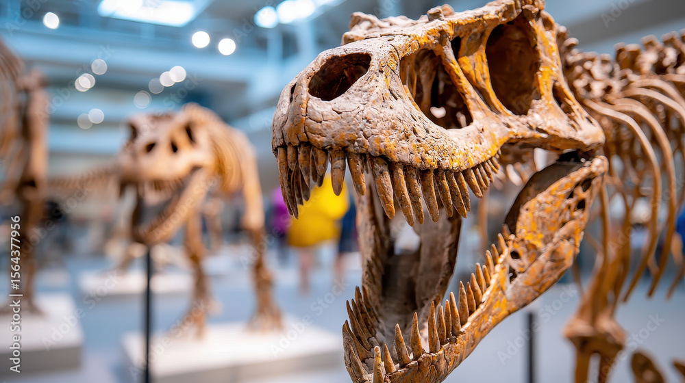Naklejka premium Detailed view of dinosaur fossils in museum exhibit, showcasing impressive skull structure and teeth of dinosaur