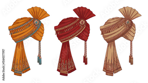 Elegant indian turbans collection in red orange beige colors art on transparent background