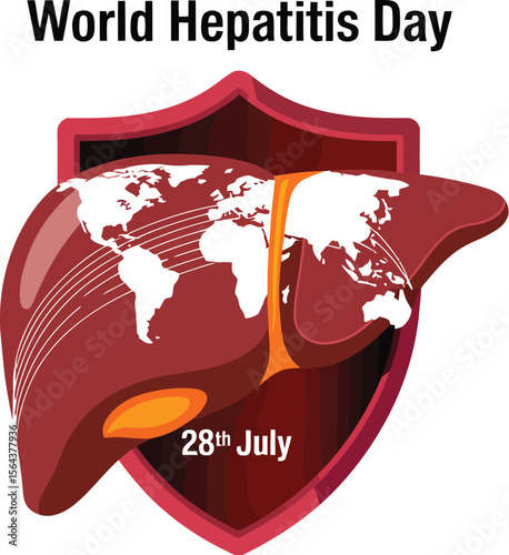 World hepatitis day illustration with liver, world map, and shield on a light gray background