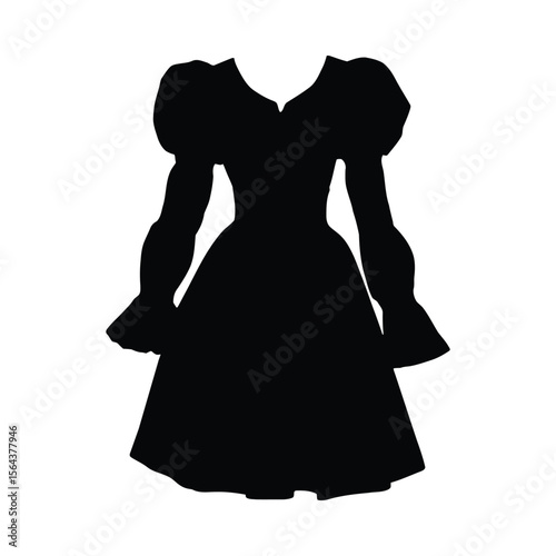 Black silhouette of a midi dress with puff sleeves and flared skirt on a white background clothing 1