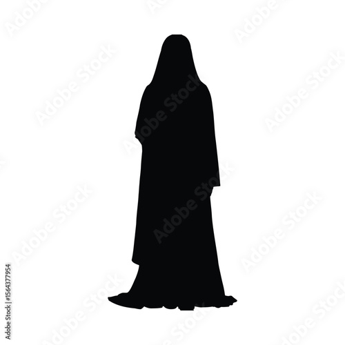 Black silhouette of a person in a long hooded robe standing on a white background with a flowing skirt