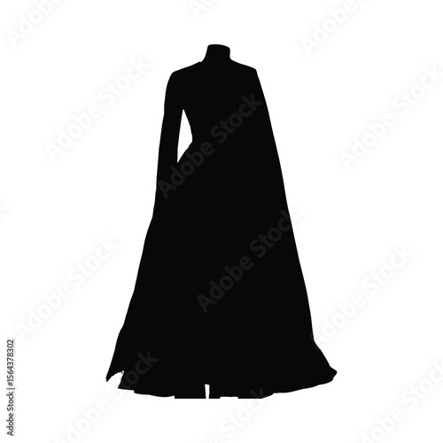 Black silhouette of anarkali dress with long sleeves and a flowing skirt on a white background