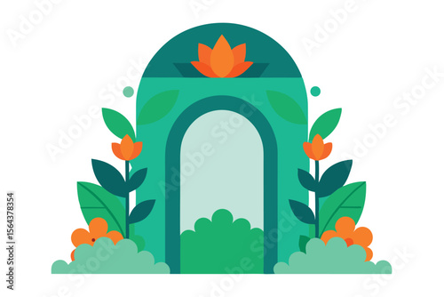 Floral Archway Illustration in Modern Flat Design Style with Lush Green Foliage and a Vibrant Orange Blossom on Top