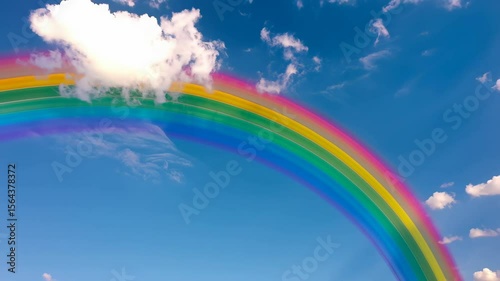 A vibrant rainbow arcs gracefully across a clear blue sky, enveloped by soft white clouds, showcasing a beautiful spectrum of colors. The image captures the essence of tranquility and beauty in nature