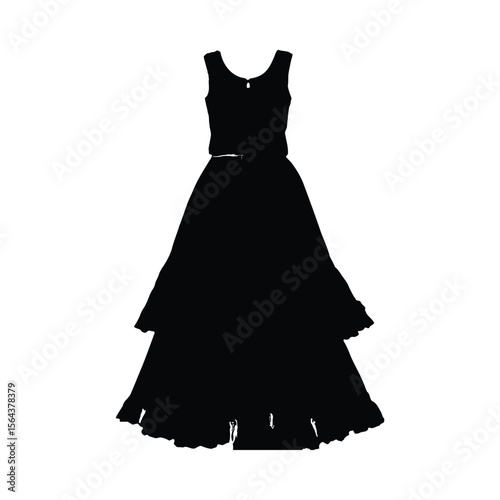Black silhouette of a sleeveless dress with flared skirt and tiered hemline on white background