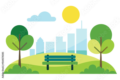 City Park Scene Illustration Tranquil landscape of greenery, cityscape, bench, sun and sky, creating a peaceful urban oasis vector art.