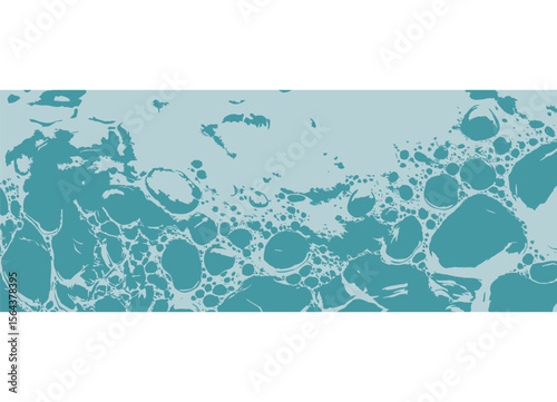 Teal and light blue abstract illustration of water with bubbles and irregular shapes against a white background