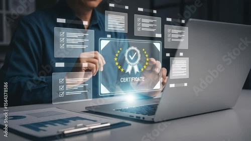 Man interacting with digital certificate and checklist icons on a laptop screen at a desk setup