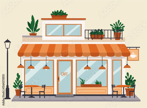 Modern caffe Vector Illustration with Window and Street View