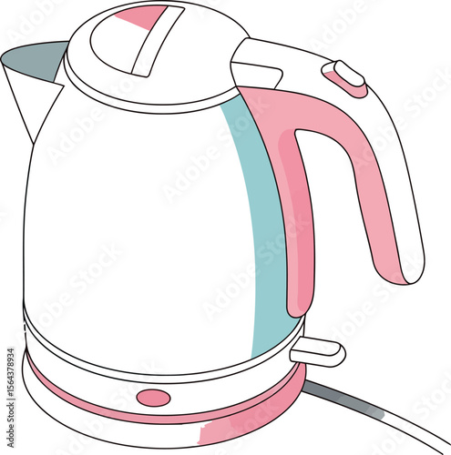 Illustration of a pink and blue electric kettle on a white background