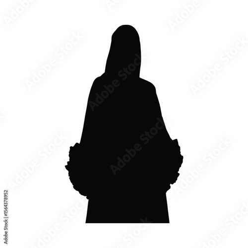 Black silhouette of a woman wearing an abaya with ruffled sleeves on a white background fashion