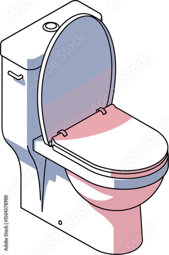 Isometric illustration of a white toilet with the lid partially open