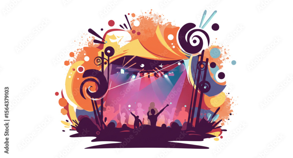 Obraz premium Music Festival Crowd with Stage and Lights Vector Illustration