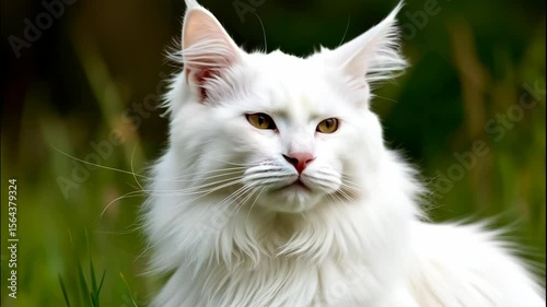 A majestic white cat sits gracefully in a lush green field, radiating serenity and charm. The soft fur and elegant posture add to its beauty in stunning 3D 4K quality.