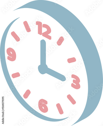 A light blue clock with pink numbers and green hands showing three o'clock