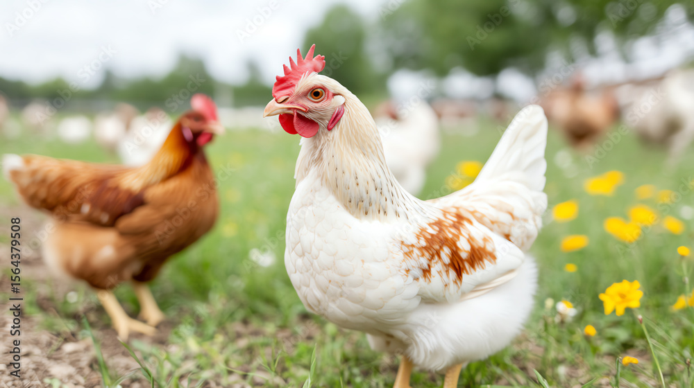 Fototapeta premium A beautiful white hen standing proudly in a green field among other chickens and blooming flowers, showcasing farm life.
