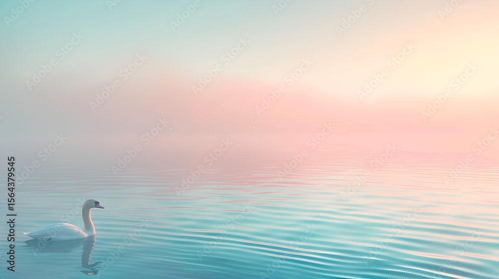 Fototapeta premium A serene swan gliding on a tranquil lake at dawn with soft pastel colors reflecting on the water