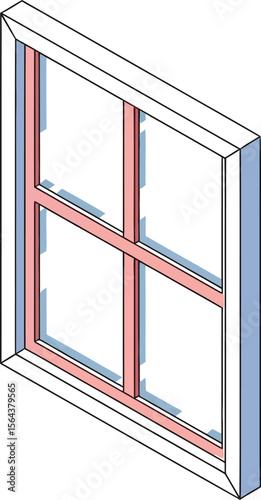 Isometric illustration of a window with pink frame and light blue glass