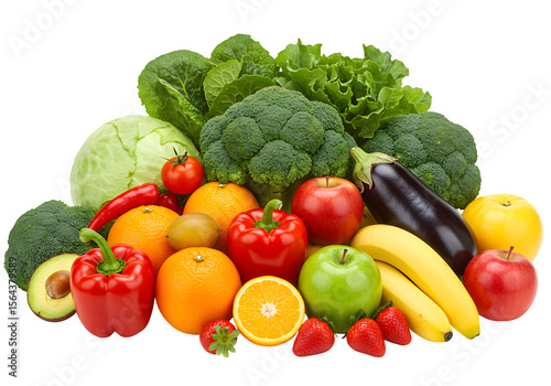 Colorful mix of fresh fruits and vegetables showcasing vibrant natural nutrition options. Ideal for healthy food visuals. Isolated on white or transparent background. PNG format.