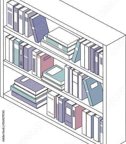 A white bookshelf filled with books of various colors and sizes shown