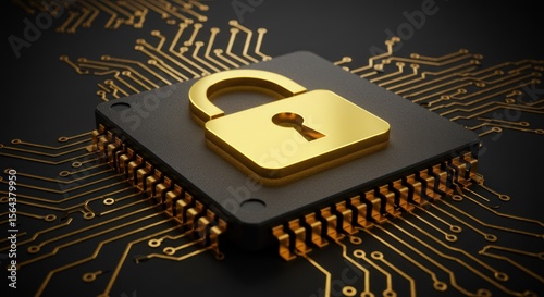 Golden padlock rests on a computer chip with circuit board pattern background.