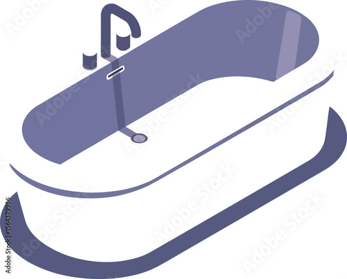 Isometric illustration of a bathtub with faucet and drain in bathroom