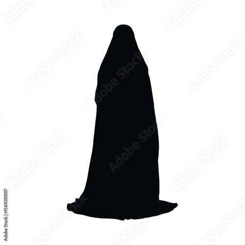 Black silhouette of a person wearing a long abaya and niqab against a white background burqa