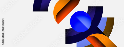 Abstract shapes overlap, creating dynamic composition. Blue, orange, purple hues dominate white background. Modern design elements present.