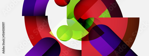 Abstract composition. Overlapping colorful shapes create dynamic visual effect. Bright hues contrast with white background. Modern design.