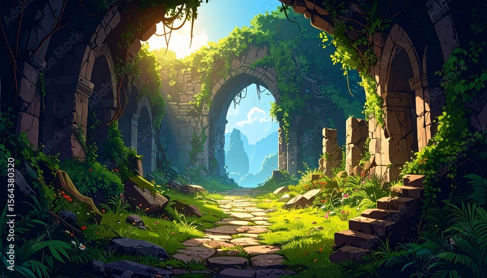 Fototapeta premium Sunlit Ruins: A Pathway Through Time
