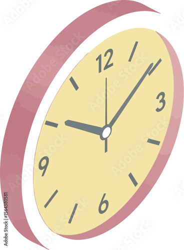 Isometric illustration of a pink clock showing nine o five on white background