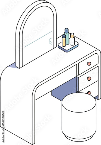 Isometric illustration of a vanity table with mirror and stool set