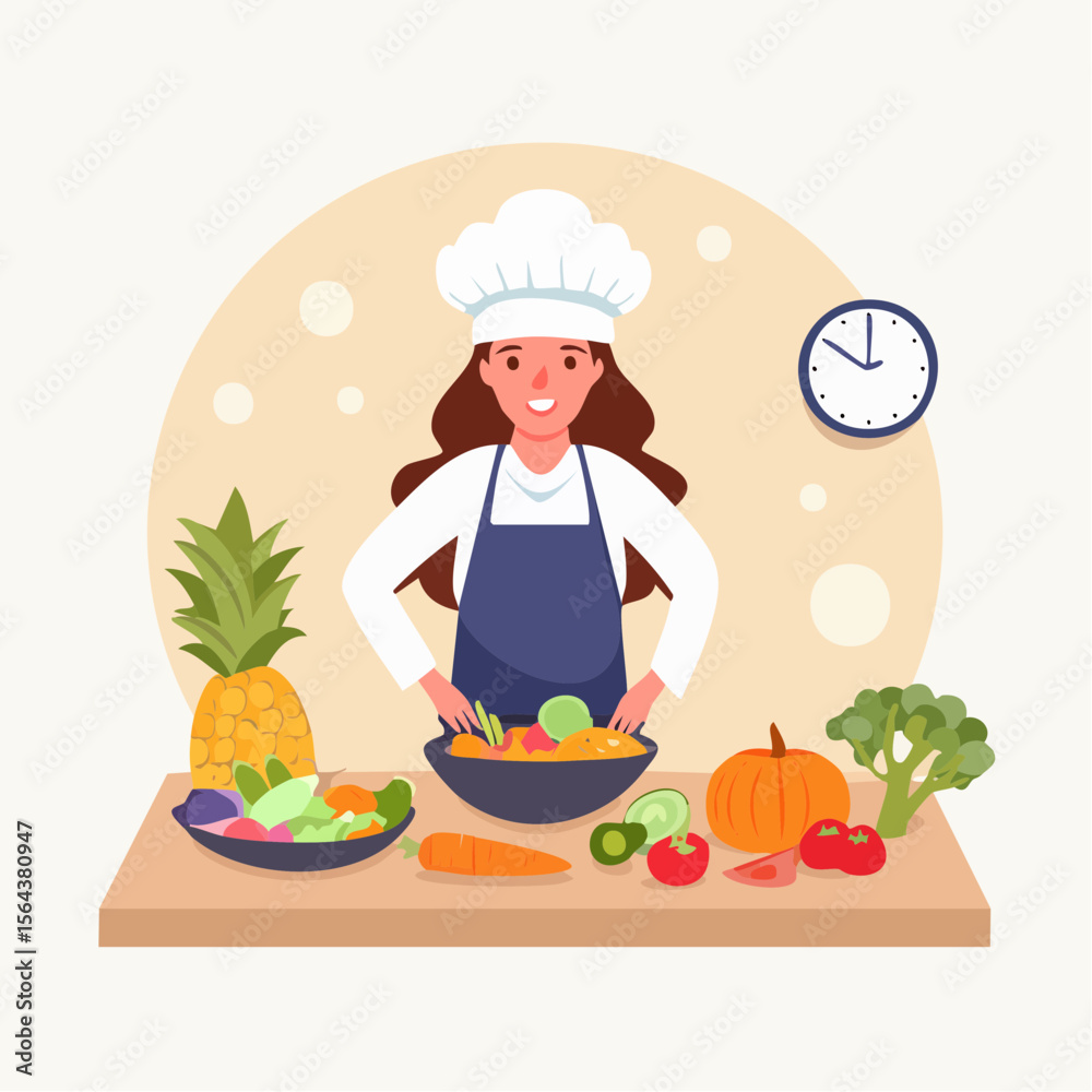 Flat vector illustration of a chef preparing food in a professional kitchen. Ideal for restaurant branding, culinary content, cooking tutorials, and food-related educational material. Flat vector illustration of a chef preparing food in a professional kitchen. Ideal for restaurant branding, culinary content, cooking tutorials, and food-related educational material.