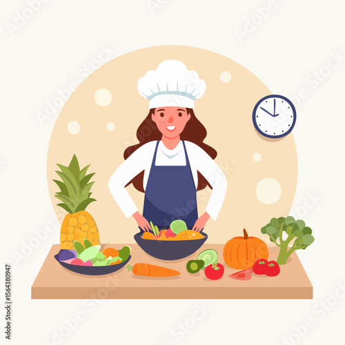 Flat vector illustration of a chef preparing food in a professional kitchen. Ideal for restaurant branding, culinary content, cooking tutorials, and food-related educational material.