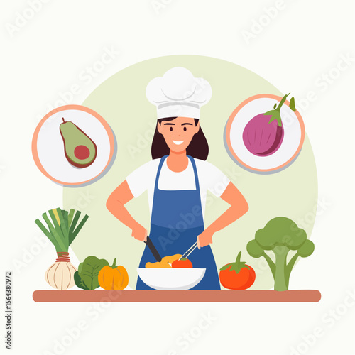 Flat vector illustration of a chef preparing food in a professional kitchen. Ideal for restaurant branding, culinary content, cooking tutorials, and food-related educational material.