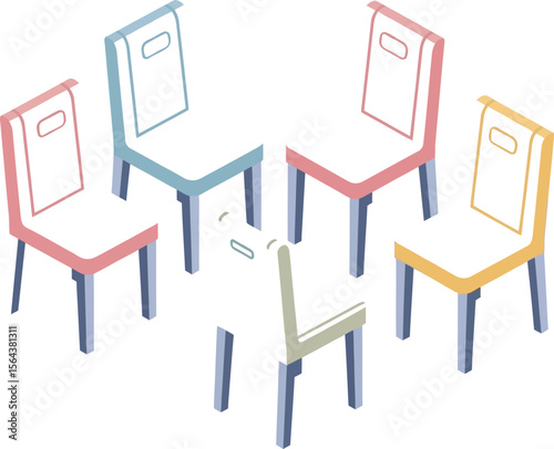 Isometric illustration of five pastel colored chairs in a circle