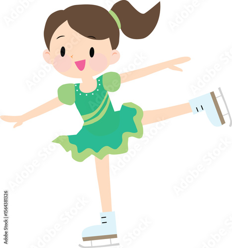 Illustration of a girl wearing green costume figure skating. Ice skating. Cute, fun. Vector illustration.