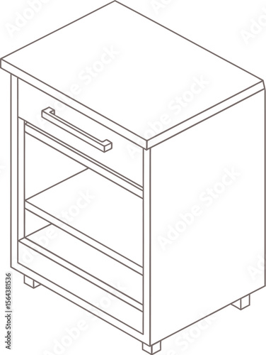 Isometric view of a pink bedside table with shelves and a drawer open