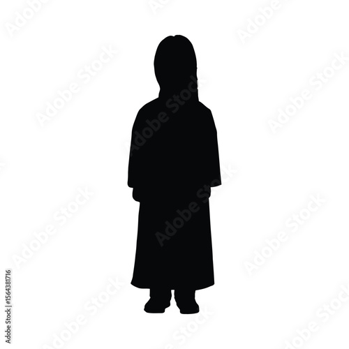 Silhouette of a person wearing a long abaya standing on a white background with a head covering