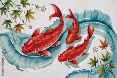 A watercolor-style illustration of red koi fish swimming against a light blue background 