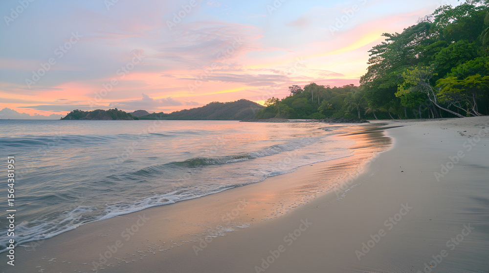 Fototapeta premium A serene beach scene at sunset with gentle waves and lush green trees along the shoreline view