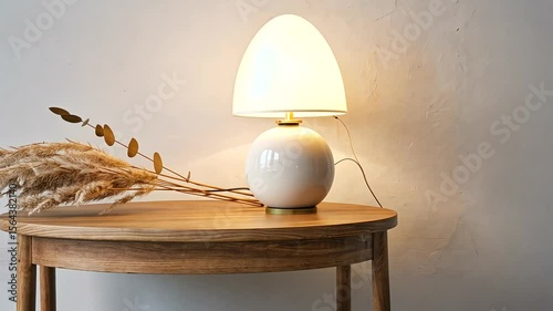 A stylish modern lamp illuminates a wooden table with decorative dried plants against a textured wall