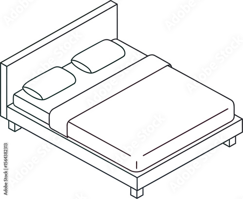 Isometric illustration of a bed with pillows and a pink blanket on it