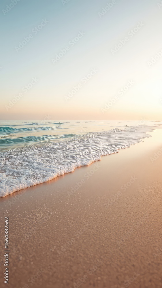 Fototapeta premium Gentle waves reaching a tranquil sandy shore under a soft pastel sky, creating a serene and peaceful coastal scene for reflection
