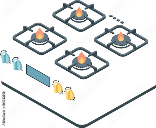 Isometric view of a gas stove with four burners and flames on white