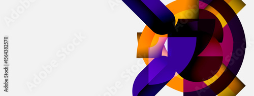 Abstract design features vibrant overlapping arcs. Purple, orange, magenta hues create dynamic visual impact. Modern, geometric composition.