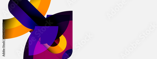 Abstract colorful shapes overlap, creating dynamic composition. Purple, orange hues dominate white background. Modern design element.